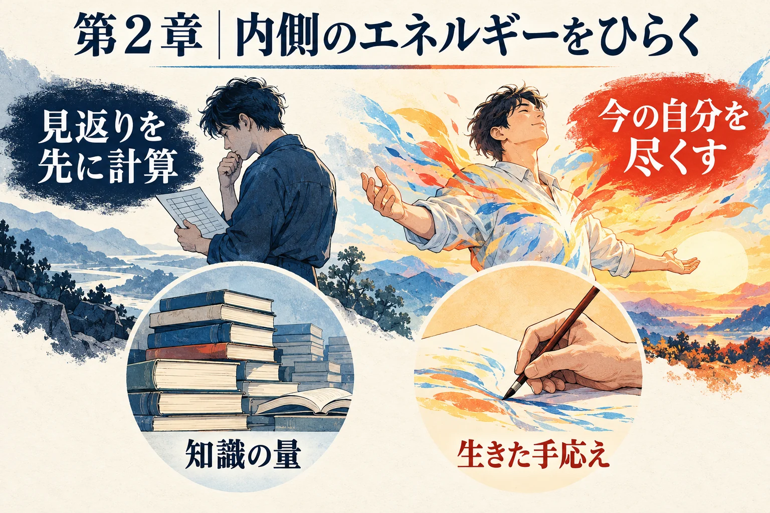 第2章。見返りを先に計算する向きと、瞬間へ尽くすエネルギーを比べ、知識の量と生きた手応えを分ける