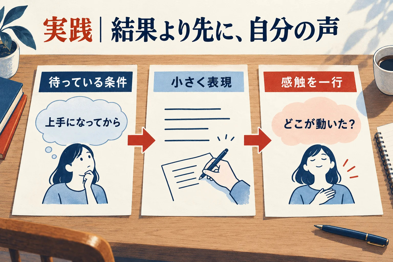 実践編。自分で付けた条件を一つ見つけ、小さく表現し、感じたことを記録する試し方