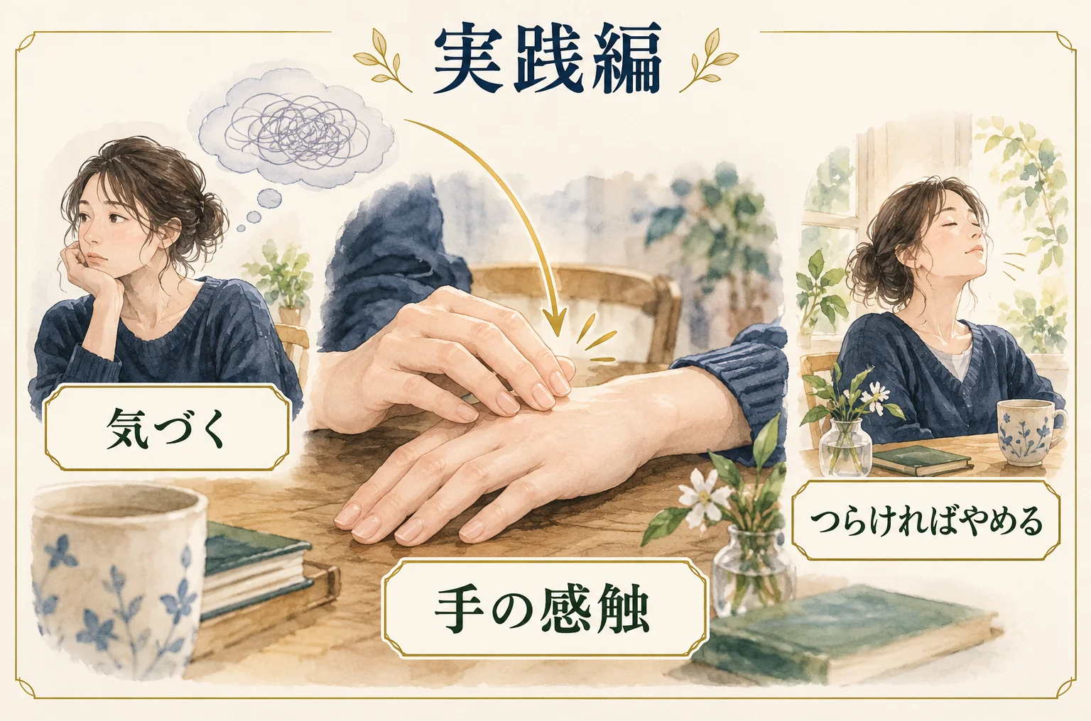 実践編。自動思考に気づいたら手の感触へ注意を戻す。つらければやめる