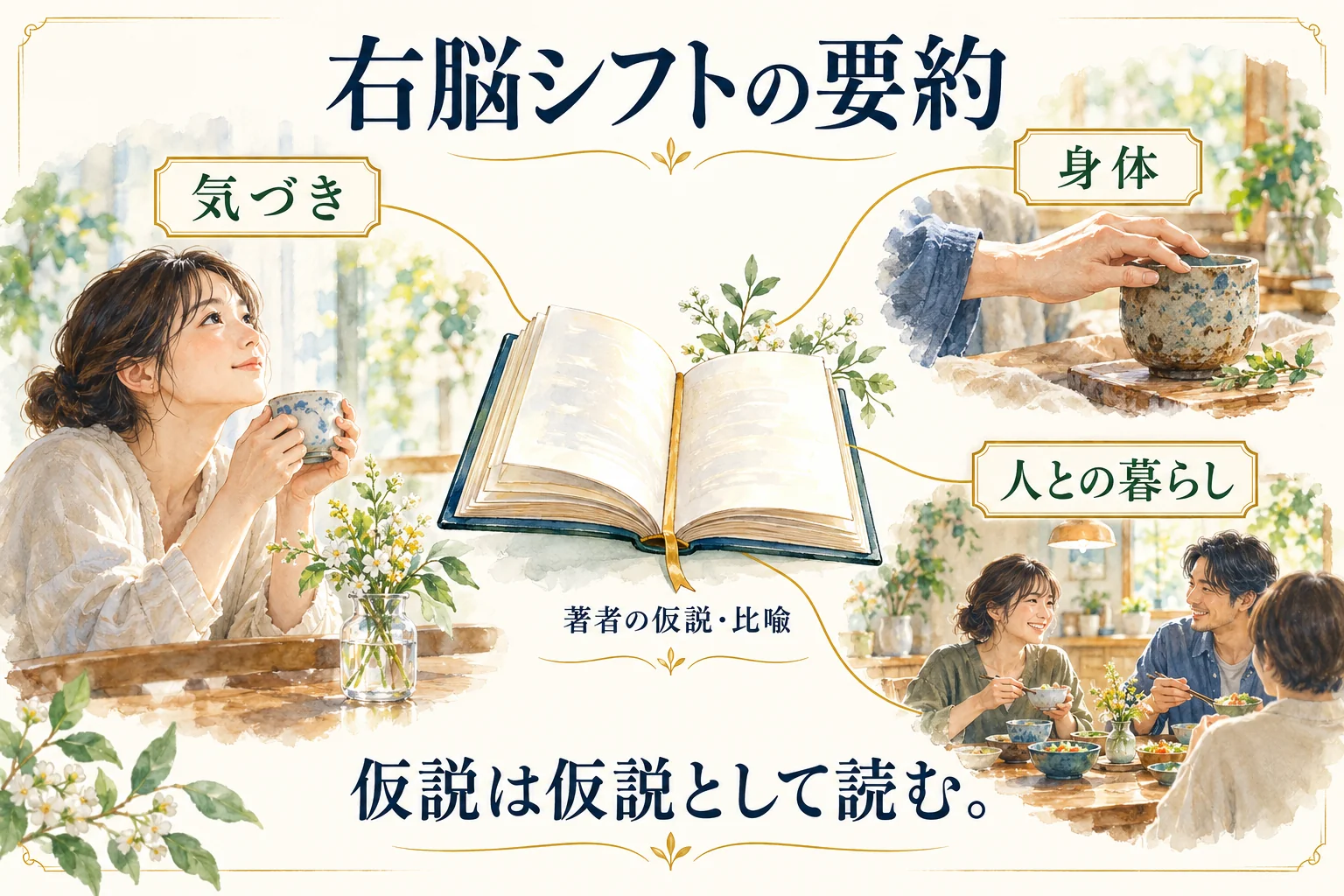 右脳シフトの要約。気づき、身体、人との暮らし。仮説は仮説として読む