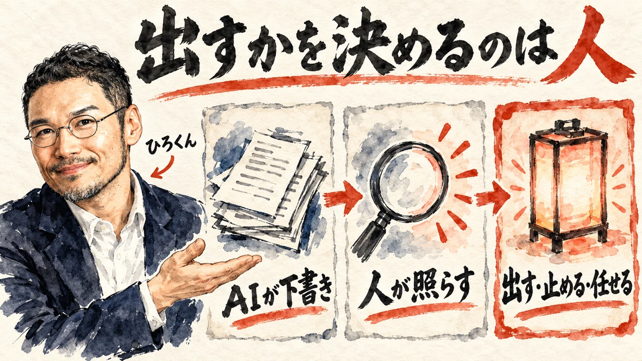 図解。見出しは出すかを決めるのは人。左でひろくんが片手を広げ、AIが下書き、人が照らす、出す止める任せる、の三つの札が矢印で並ぶ