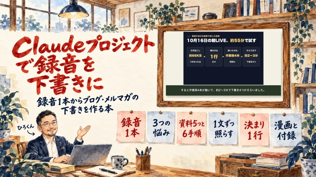 Claudeプロジェクトで録音を下書きに。書斎の水彩イラストで、左下のひろくんが壁の六枚の付箋、録音1本、3つの悩み、資料5つと6手順、1文ずつ照らす、決まり1行、漫画と付録、を紹介し、壁の額に動画のサムネイル