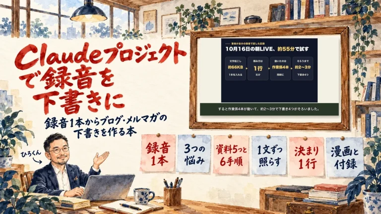 Claudeプロジェクトで録音を下書きに。書斎の水彩イラストで、左下のひろくんが壁の六枚の付箋、録音1本、3つの悩み、資料5つと6手順、1文ずつ照らす、決まり1行、漫画と付録、を紹介し、壁の額に動画のサムネイル