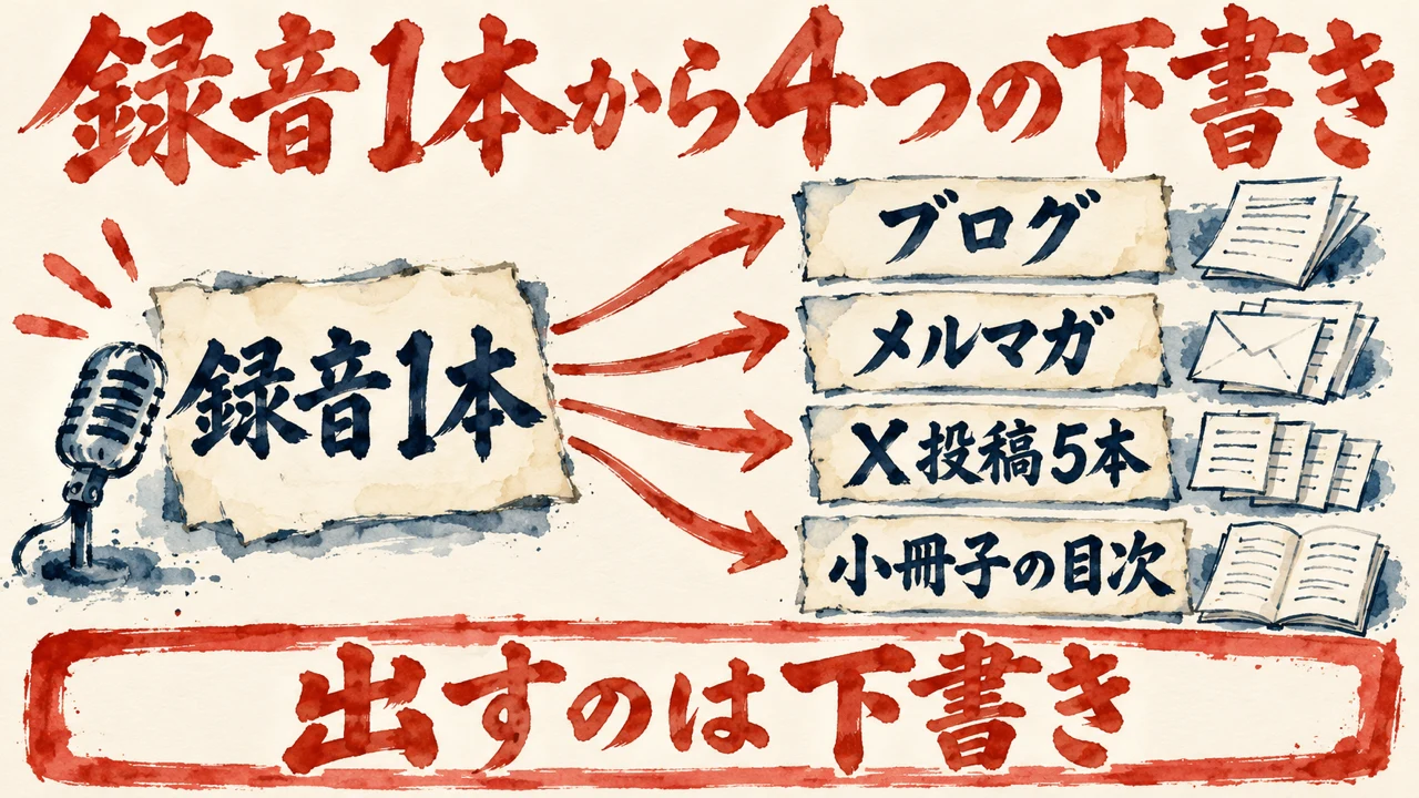 図解。見出しは録音1本から4つの下書き。マイクの札から矢印が四つに分かれ、ブログ、メルマガ、X投稿5本、小冊子の目次の札が並び、下の帯に出すのは下書き