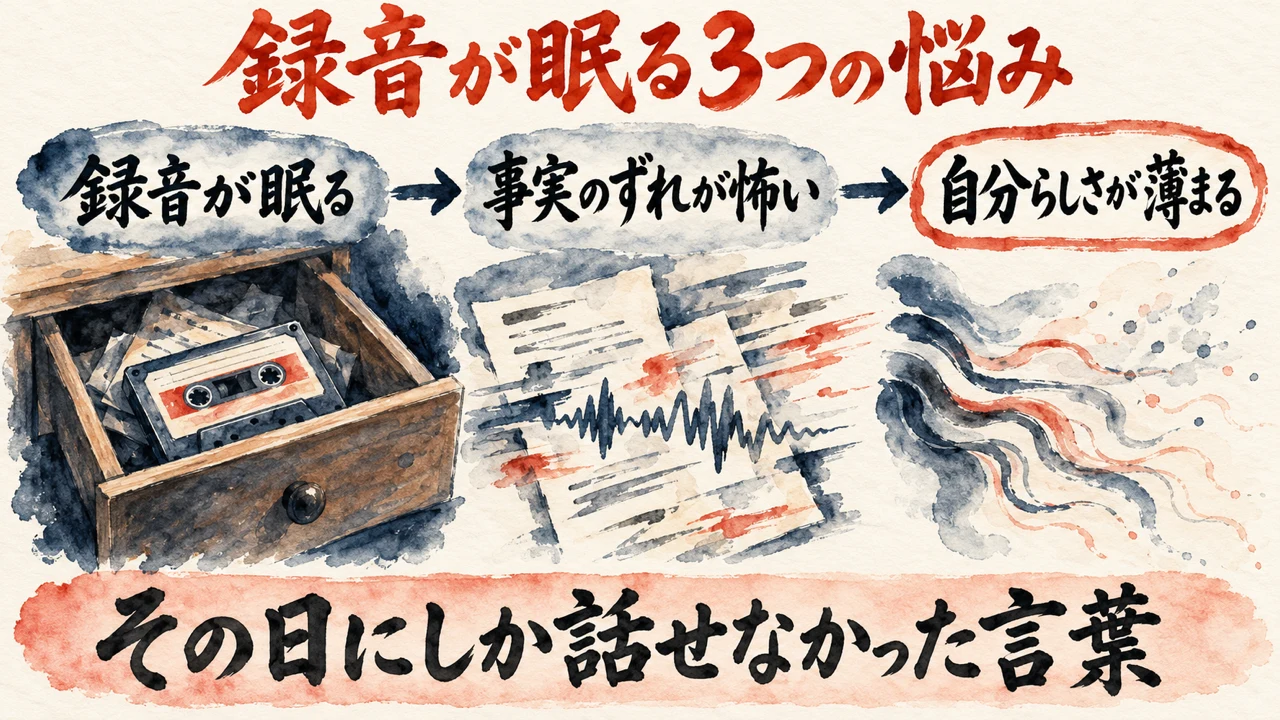図解。見出しは録音が眠る3つの悩み。録音が眠る、事実のずれが怖い、自分らしさが薄まる、の三つの札が並び、下の帯にその日にしか話せなかった言葉