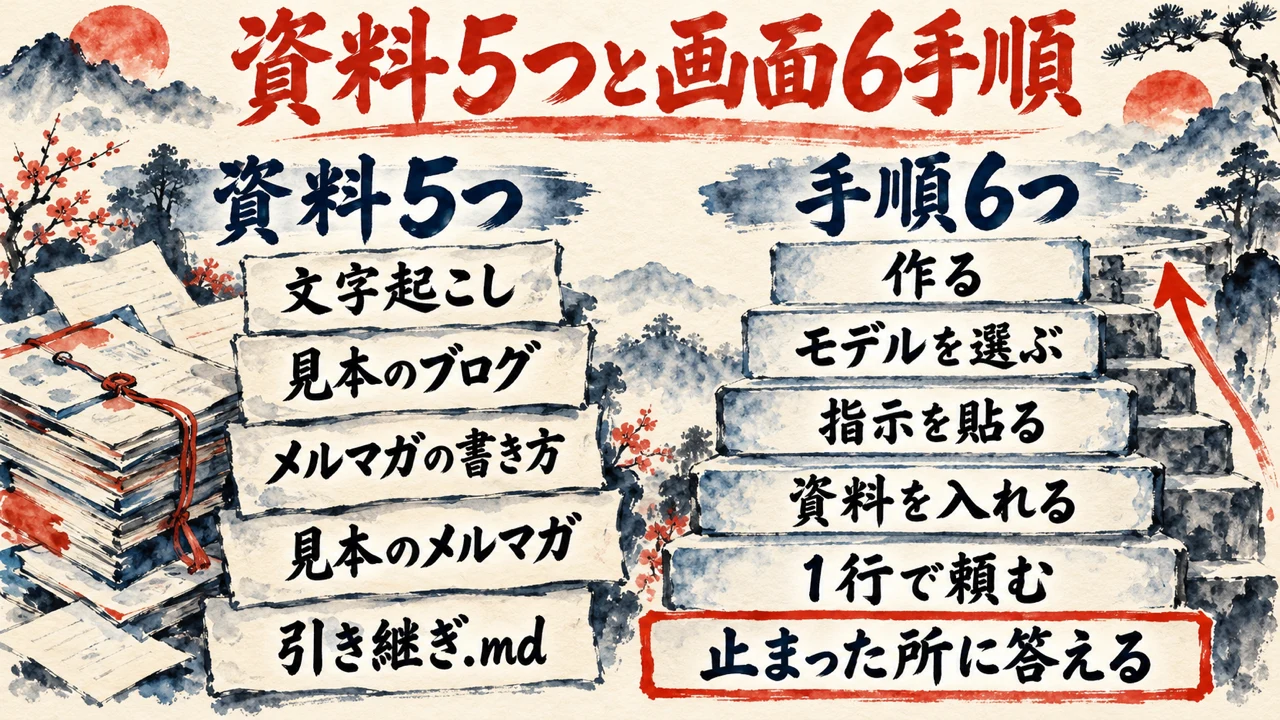 図解。見出しは資料5つと画面6手順。左の列に資料5つ、右の列に6つの手順の札が並び、最後の札が朱色の枠で止まった所に答える