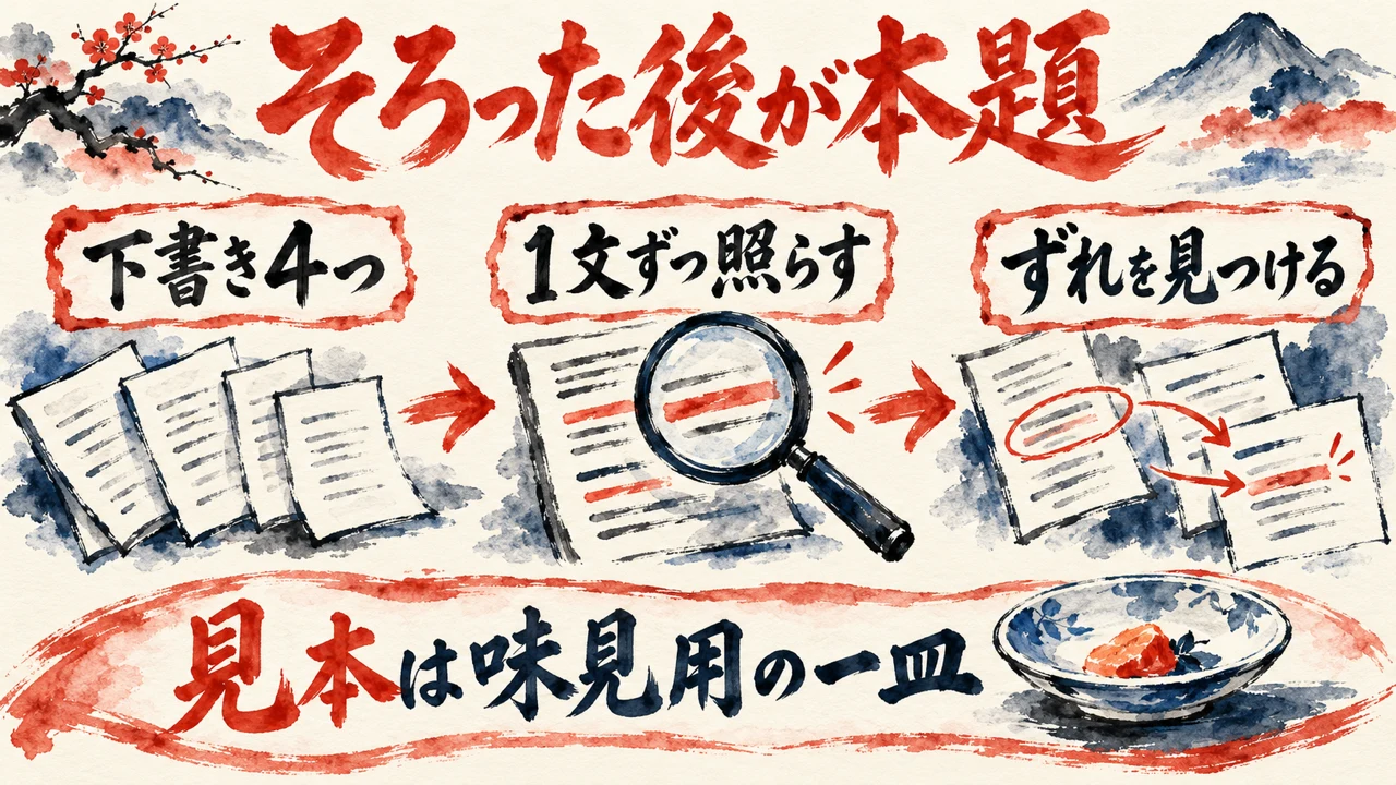 図解。見出しはそろった後が本題。下書き4つ、1文ずつ照らす、ずれを見つける、の三つの札が矢印で並び、真ん中に虫眼鏡の絵、下の帯に見本は味見用の一皿