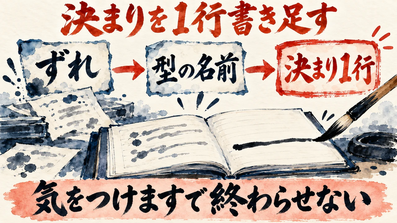 図解。見出しは決まりを1行書き足す。ずれ、型の名前、決まり1行、の三つの札が矢印で並び、下の帯に気をつけますで終わらせない