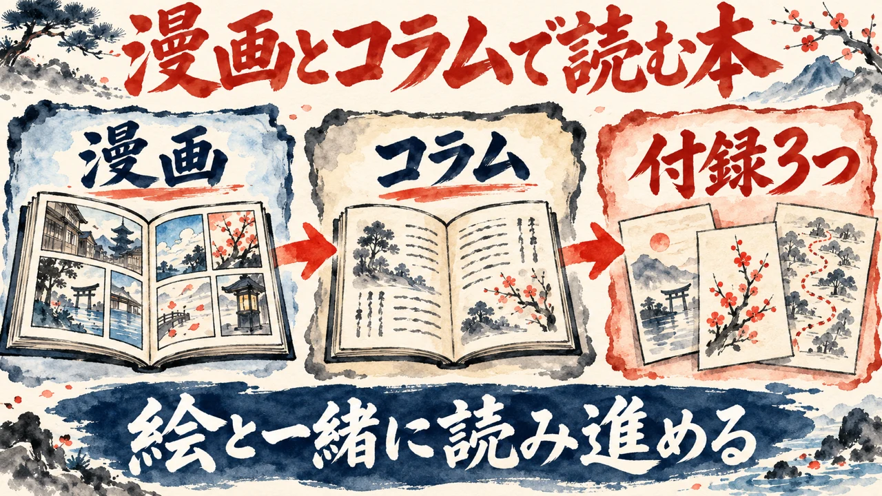 図解。見出しは漫画とコラムで読む本。漫画、コラム、付録3つ、の三つの札が矢印で並び、開いた本と付録の紙の水彩画、下の帯に絵と一緒に読み進める