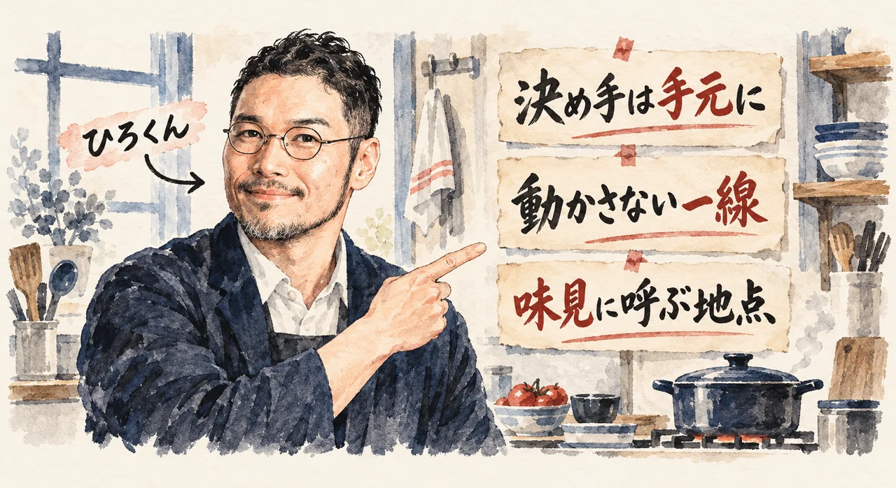 仕込みを任せる前に渡す3つのメモ「決め手は手元に」「動かさない一線」「味見に呼ぶ地点」を指さすひろくん