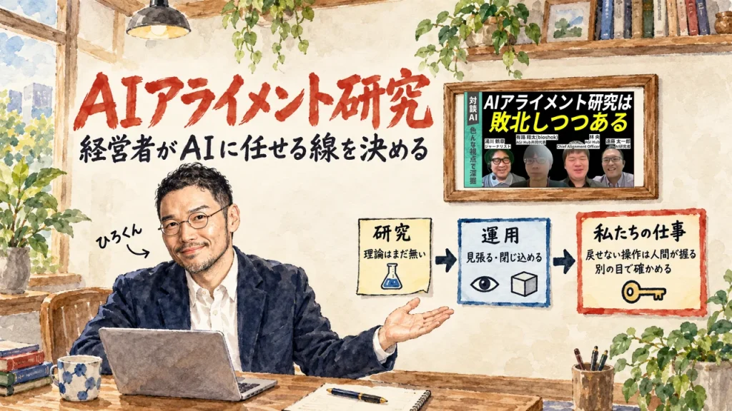 安全なAIの理論はまだ無い研究、見張る・閉じ込める運用、戻せない操作は人間が握り別の目で確かめる私たちの仕事、の3枚の付箋の図を、ひろくんが笑顔で紹介している。筆文字はAIアライメント研究、経営者がAIに任せる線を決める。壁に動画のサムネイル