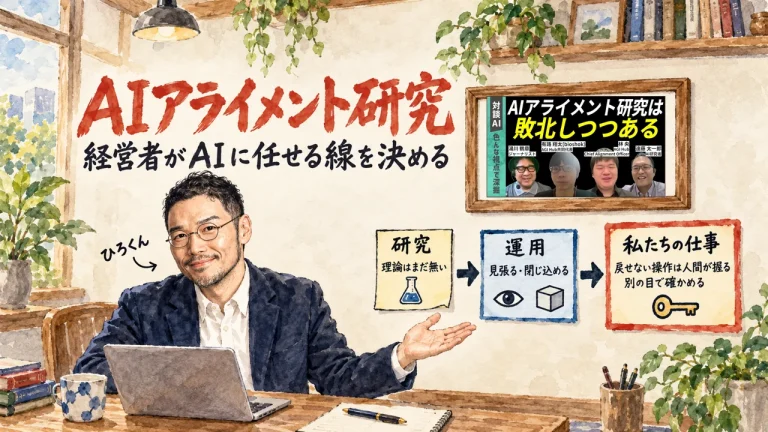 安全なAIの理論はまだ無い研究、見張る・閉じ込める運用、戻せない操作は人間が握り別の目で確かめる私たちの仕事、の3枚の付箋の図を、ひろくんが笑顔で紹介している。筆文字はAIアライメント研究、経営者がAIに任せる線を決める。壁に動画のサムネイル