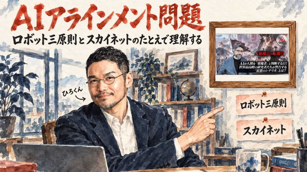 ロボット三原則とスカイネットのたとえでAIアラインメント問題を説明するひろくん。壁に動画のサムネイル