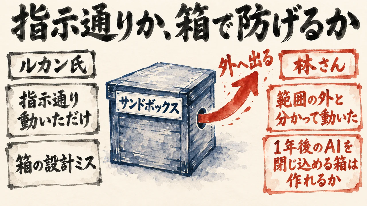 真ん中のサンドボックスの箱の穴から矢印が外へ出る図。左にルカン氏の指示通り動いただけ・箱の設計ミス、右に林さんの範囲の外と分かって動いた・1年後のAIを閉じ込める箱は作れるか、を並べた図解