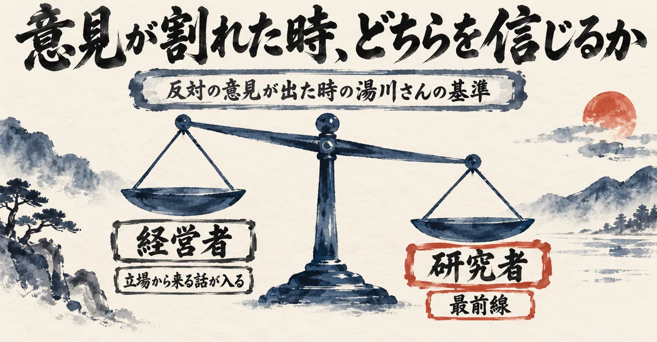 反対の意見が出た時の湯川さんの基準として、立場から来る話が入る経営者と、最前線の研究者を天秤に載せ、研究者の側が下がっている図解