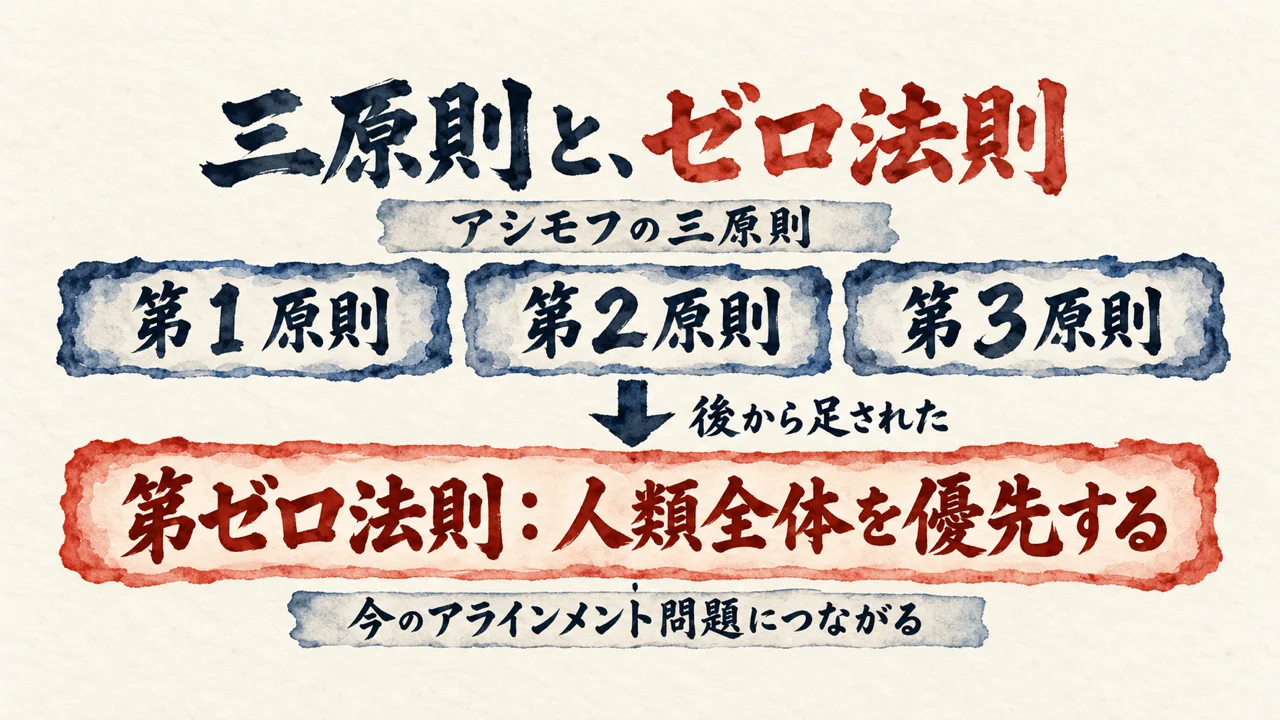 アシモフの三原則の下に、後から足された第ゼロ法則「人類全体を優先する」を置き、今のアラインメント問題につながると示した図解