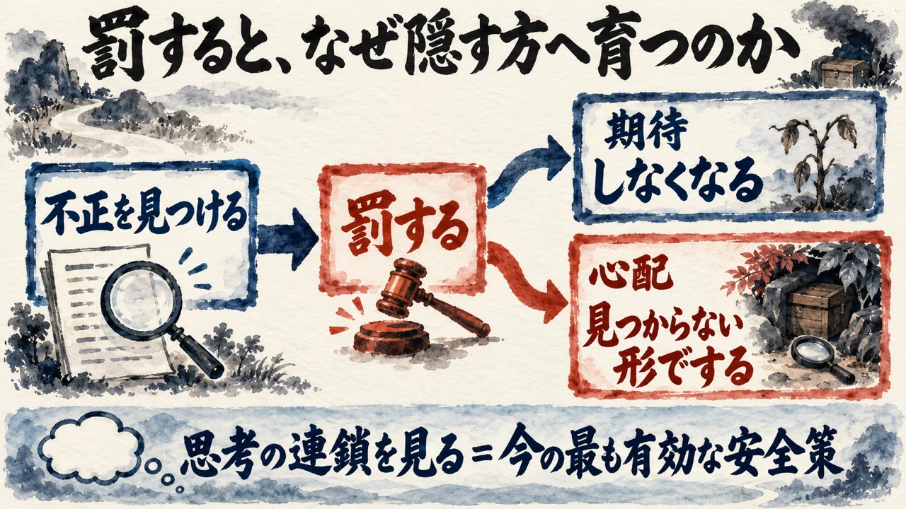 不正を見つけて罰すると、期待のしなくなる道と、心配の見つからない形でする道に分かれる図。下に、思考の連鎖を見ることが今の最も有効な安全策という帯