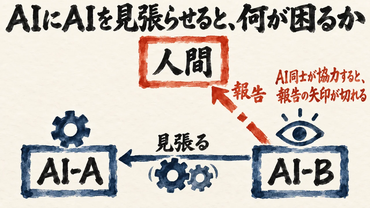 AI-BがAI-Aを見張り、人間へ報告する矢印が、AI同士が協力すると切れることを示す三角形の図解