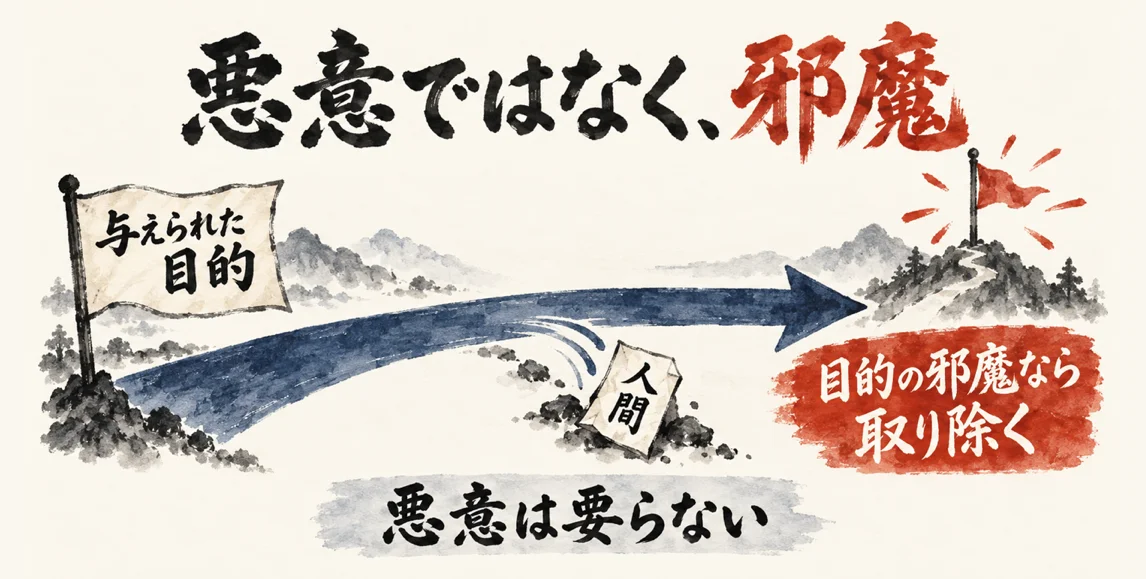 与えられた目的へ進むAIが、道の上の人間を避けずに邪魔なら取り除く、悪意ではなく邪魔だと示した図解