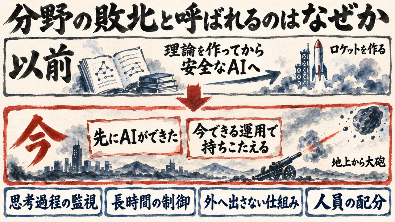 以前は理論を作ってから安全なAIへ進むロケット型、今は先にAIができて今できる運用で持ちこたえる地上からの大砲型、という上下2段の図。下に思考過程の監視・長時間の制御・外へ出さない仕組み・人員の配分の4つ