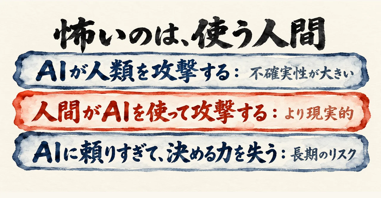 AIが人類を攻撃する話・人間がAIを使って攻撃する話・AIに頼りすぎる話の3段で、真ん中の使う人間を強調した図解