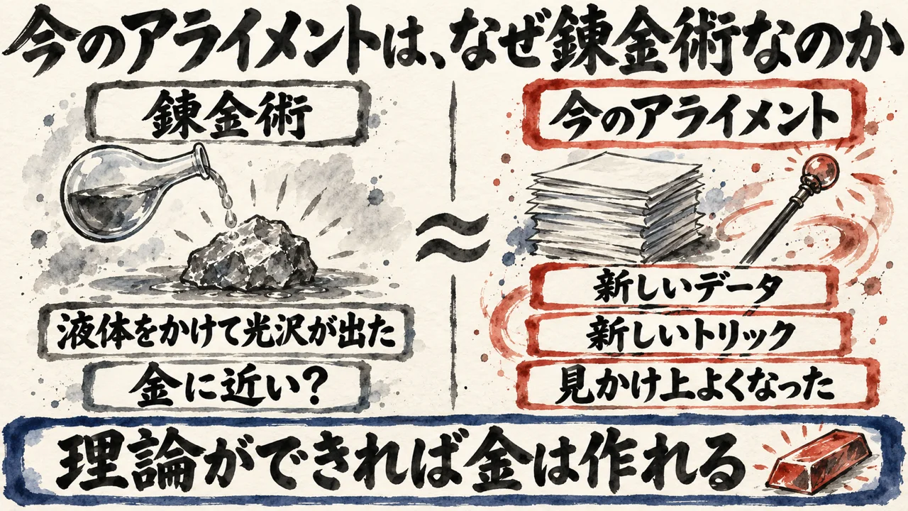 液体をかけて光沢が出たら金に近いと考えた錬金術と、新しいデータ・新しいトリックで見かけ上よくなった今のアライメントを並べ、理論ができれば金は作れるという帯を置いた図解