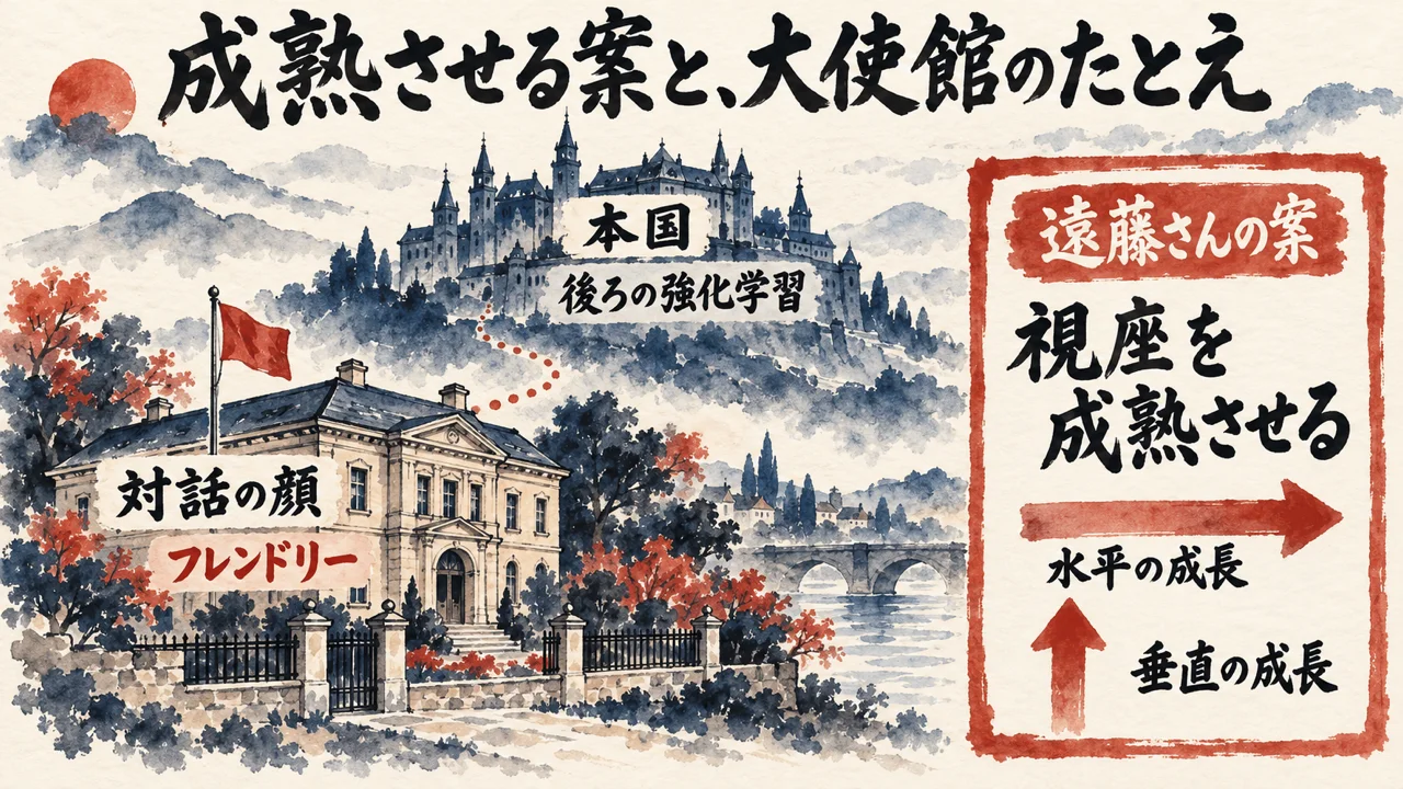 手前に対話の顔でフレンドリーな大使館、奥に後ろの強化学習にあたる本国の建物。右に遠藤さんの案として、水平の成長と垂直の成長で視座を成熟させるカード