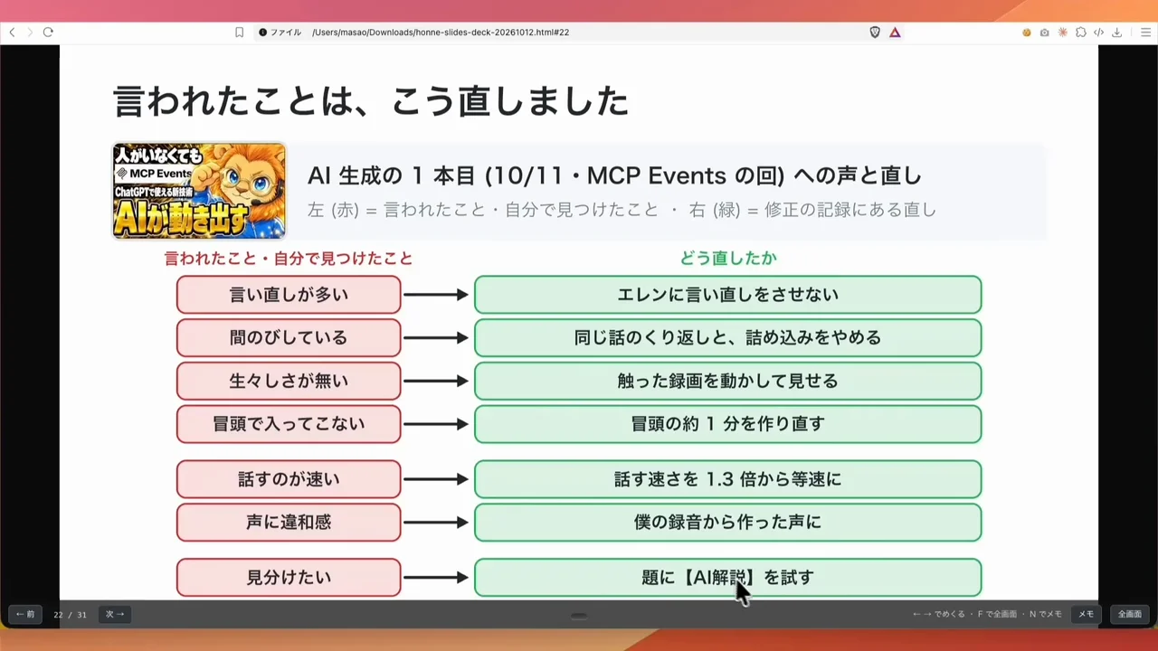 動画キャプチャ: 「言われたことは、こう直しました」のスライドで、指摘と直し方を矢印でつないだ表が出ている場面（19:55頃）