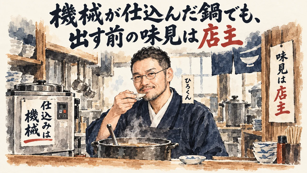 厨房で機械が仕込んだ鍋のスープを、ひろくんが小皿で味見しているコラム図解
