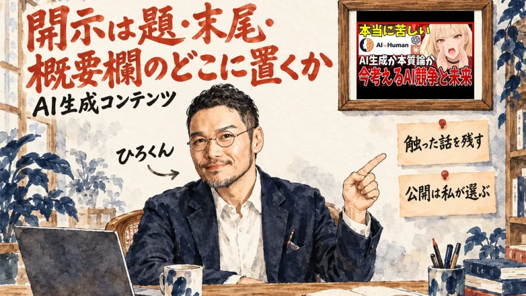 AI生成コンテンツの開示は題・末尾・概要欄のどこに置くかと紹介するひろくんと、壁に動画のサムネイル