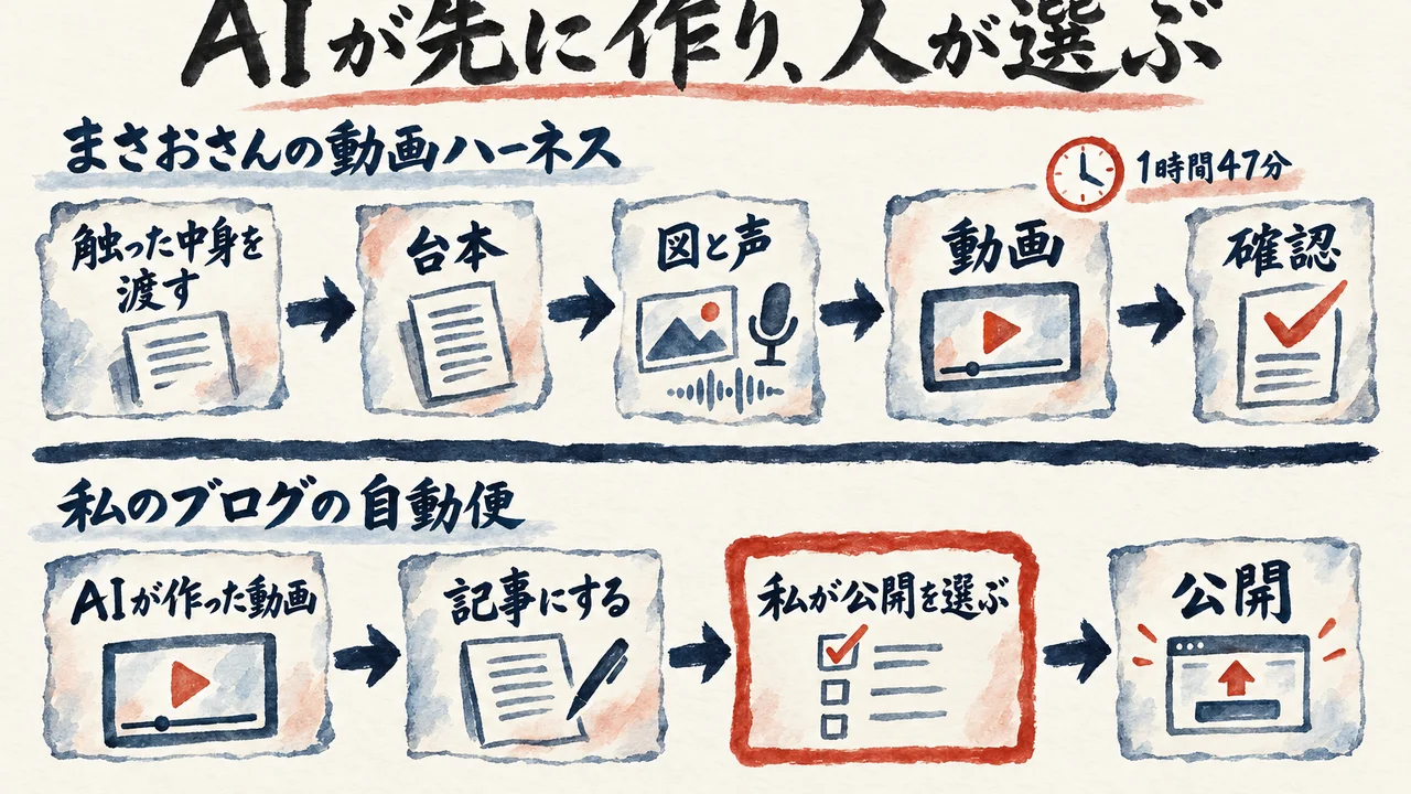 まさおさんの動画ハーネスの流れと、私のブログの自動便の流れを上下に並べ、AIが先に作り、人が確認と公開を選ぶ場所を示した図解