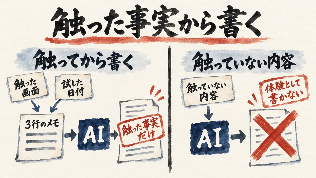 触った画面と試した日付を3行のメモにしてAIへ渡す流れと、触っていない内容を体験として書かない流れを左右に分けた図解