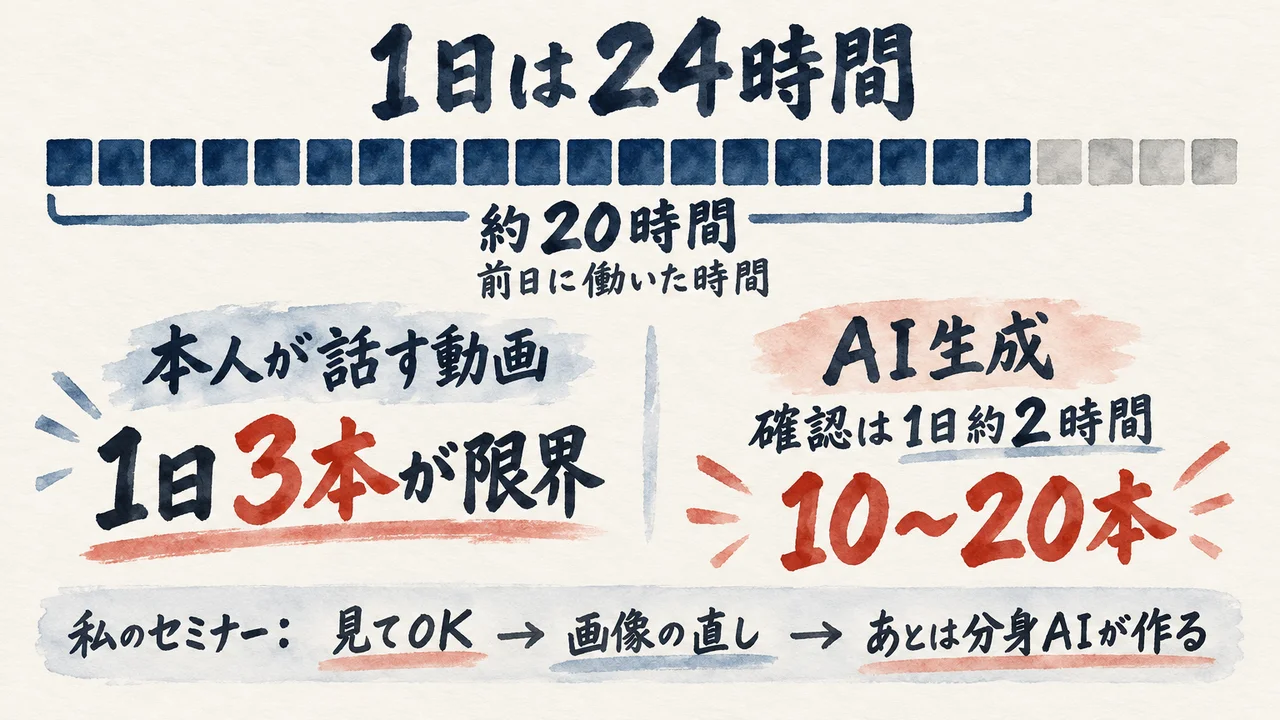 1日24時間のうち約20時間働いた日の様子と、本人が話す動画は1日3本が限界で、AI生成は確認1日約2時間で10〜20本という違いを示した図解