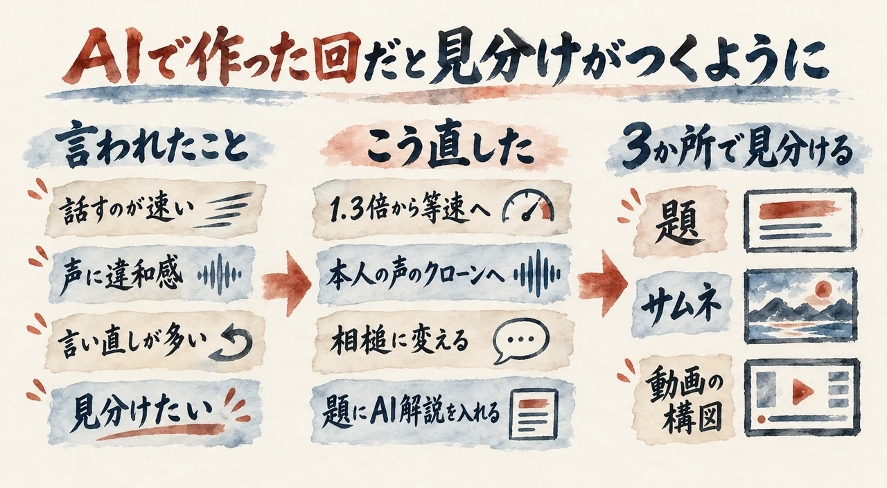 言われたことと直し方を並べ、話す速さ・声・言い直しの直しと、題・サムネ・動画の構図の3か所で見分ける形を示した図解