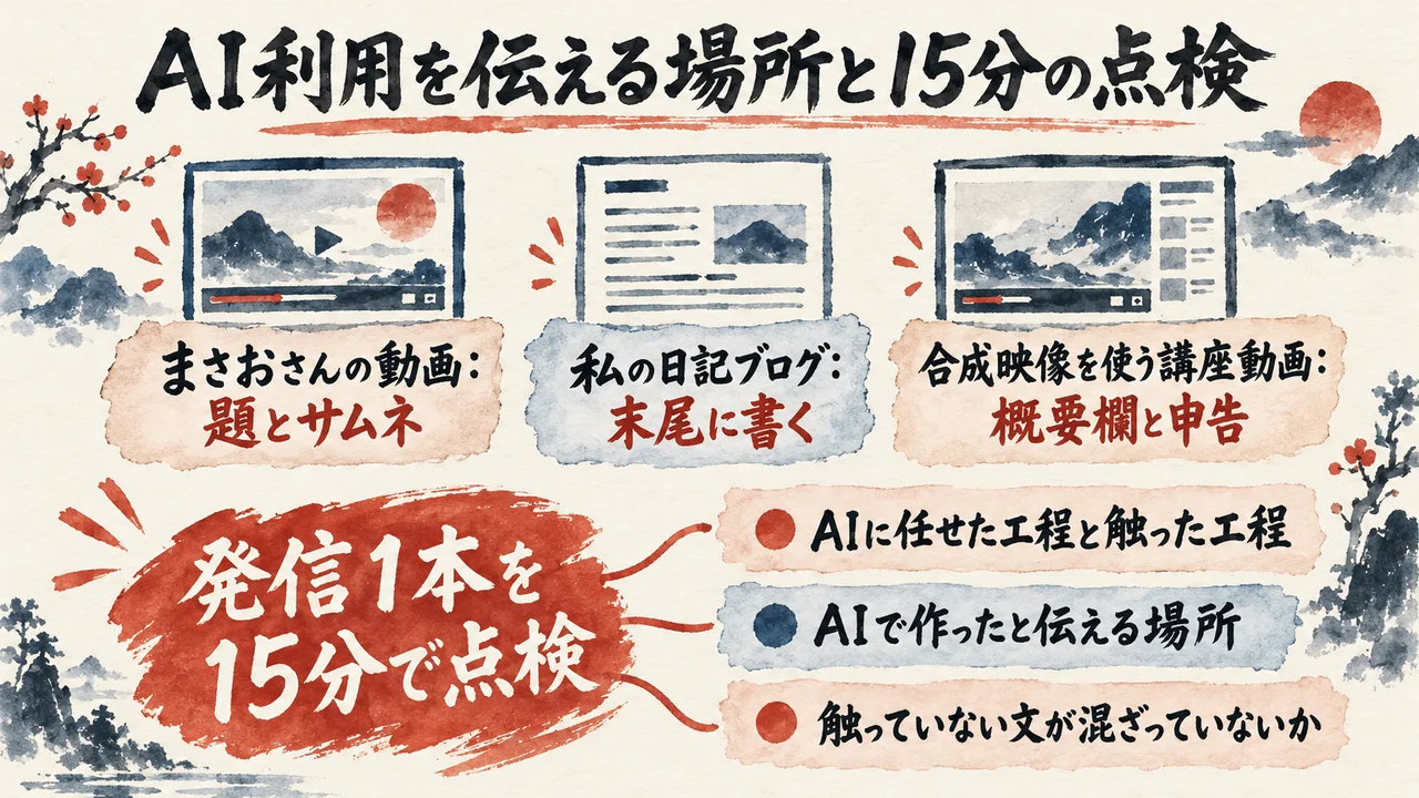 まさおさんの動画は題とサムネ、私の日記ブログは末尾、合成映像を使う講座動画は概要欄と申告と、AI利用を伝える場所を並べ、発信1本を15分で点検する3つの目を示した図解