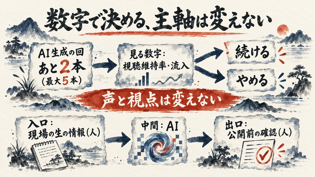 AI生成の回をあと2本、最大5本出して、視聴維持率や流入で続けるか決める流れと、入口と出口を人が持ち中間をAIに任せる分担を示した図解
