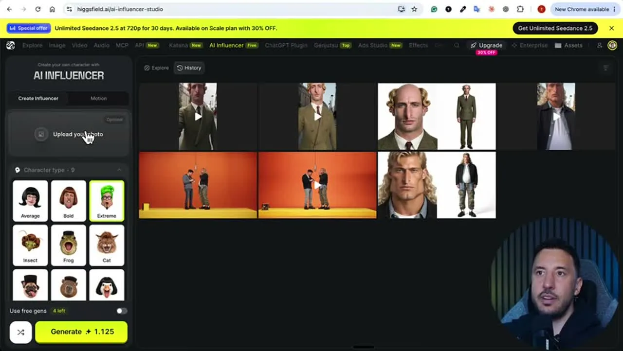 動画キャプチャ: HiggsfieldのAI Influencerの作成画面で、キャラクターの種類を選ぶ場面（2:25頃）