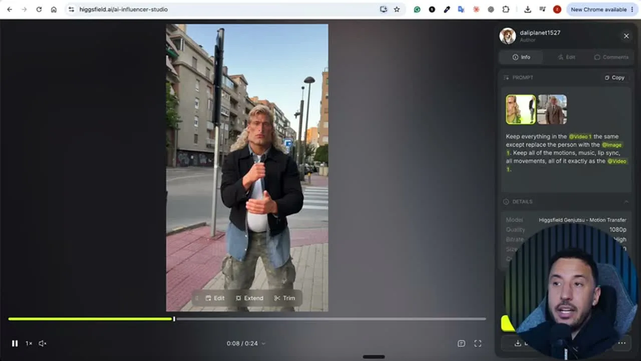 動画キャプチャ: 元の動画の人物を自分のAIキャラに差し替えた結果を見せる場面（9:50頃）