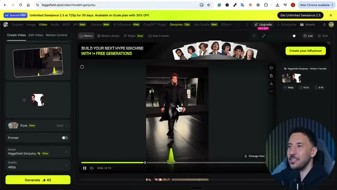 動画キャプチャ: Higgsfieldの動画生成画面で、差し替えた動画を生成している場面（11:40頃）