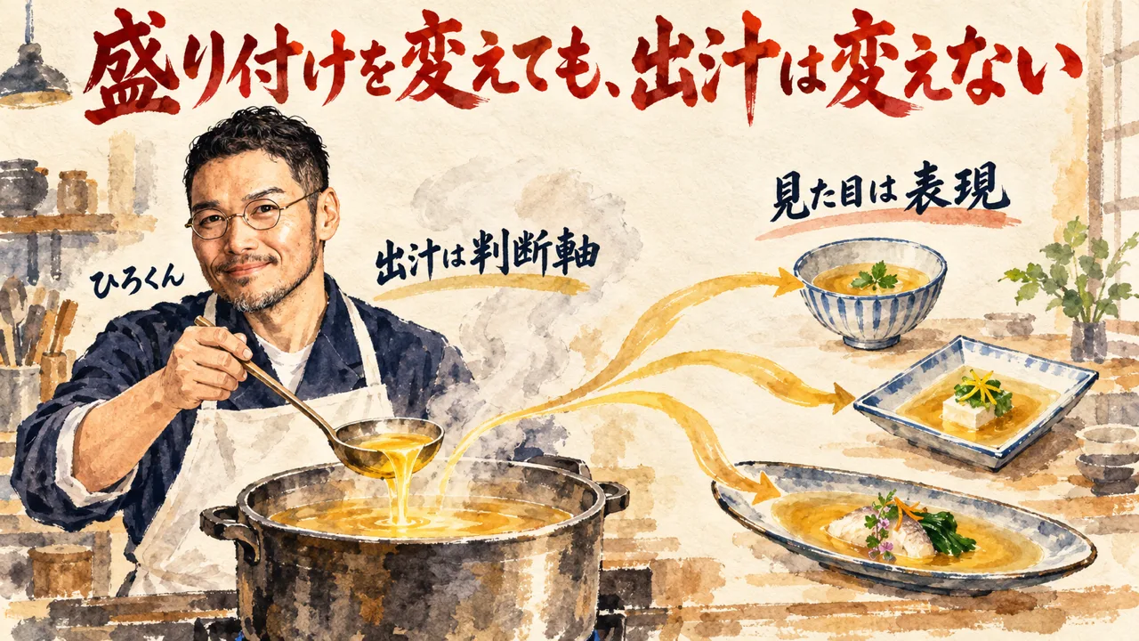 台所で大きな鍋から出汁をすくうひろくんと、形の違う3つの器に同じ出汁が注がれる様子を描いたコラムのイラスト