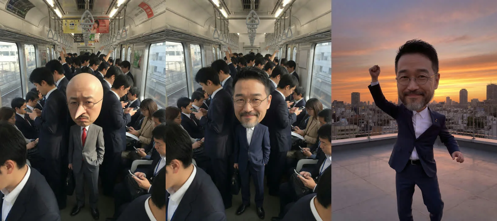 Grokで作った画像3枚。左は架空のキャラ（頭の大きい卵型の頭と長い鼻）、中央と右は私の写真を元にした頭2倍の私（満員電車と夕日の屋上）
