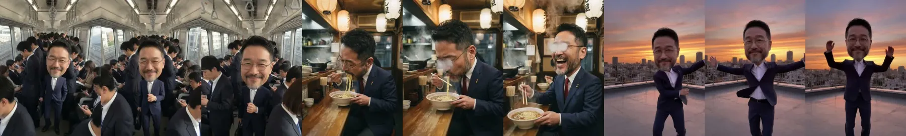 Grokで作った18秒の動画から切り出した9コマ。満員電車で肩ダンス、ラーメンで湯気にメガネが曇る（頭は普通の大きさ）、夕日の屋上でダンス