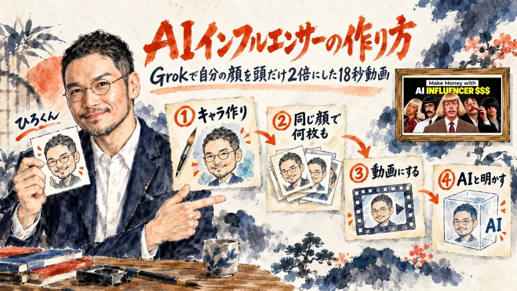 AIインフルエンサーの作り方とGrokで自分の顔を頭だけ2倍にした18秒動画を、自分の似顔絵を掲げて紹介するひろくんと、壁に動画のサムネイル
