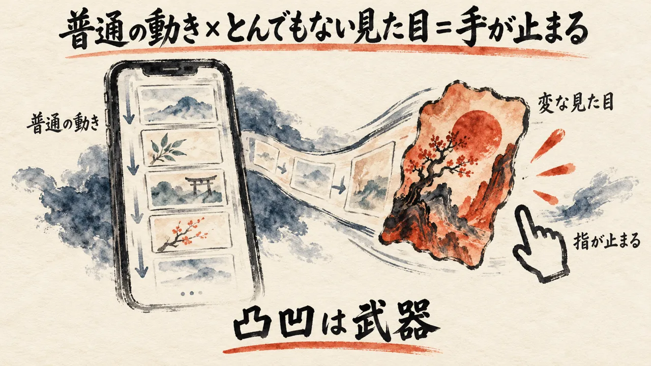 スマホを流れる普通の動きの札の列から、とんでもない見た目の一枚が飛び出し指が止まる様子と、凸凹は武器と書いた図解