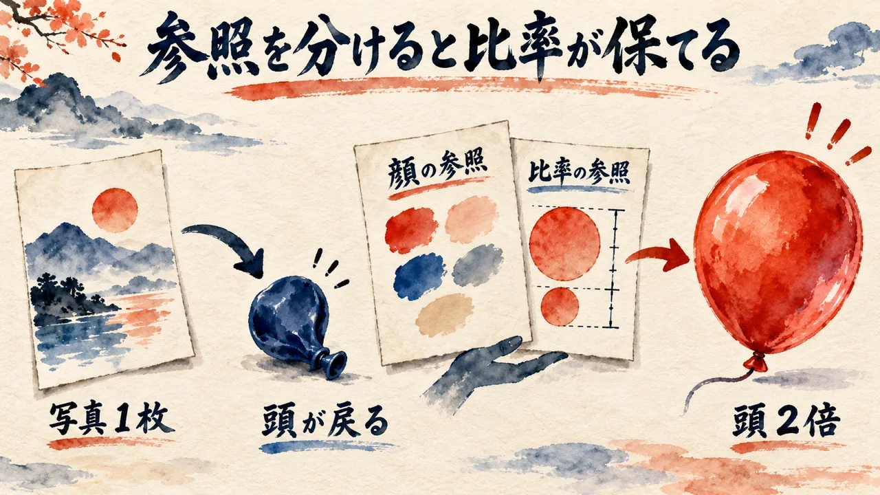 写真1枚だけの参照では頭が戻ってしぼんだ風船になり、顔の参照と比率の参照を分けて渡すと頭2倍の風船にふくらむことを示した図解