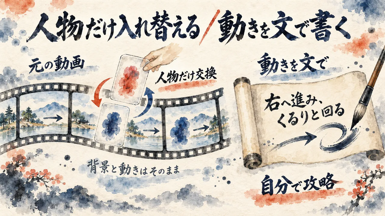 元の動画のフィルムで人物だけを交換する仕組みと、巻物に筆で動きを文で書く別の道を左右に並べた図解