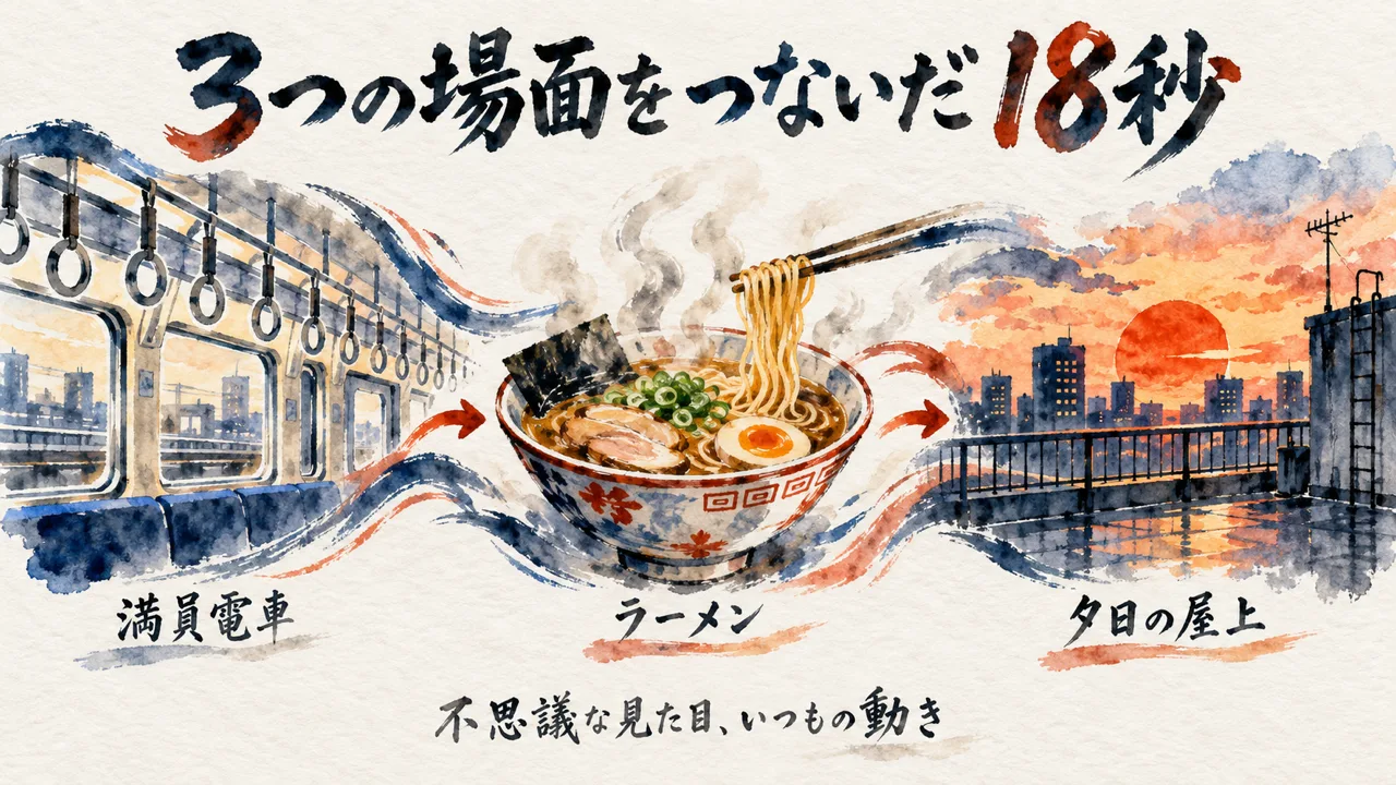 満員電車・ラーメン・夕日の屋上の3つの場面を矢印でつないだ18秒の流れの図解