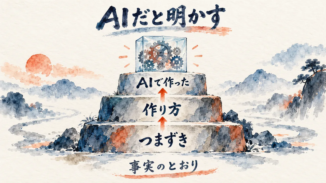 つまずき・作り方・AIで作ったの3段の台の上に中が見えるガラスの箱を置き、AIだと明かすことを示した図解