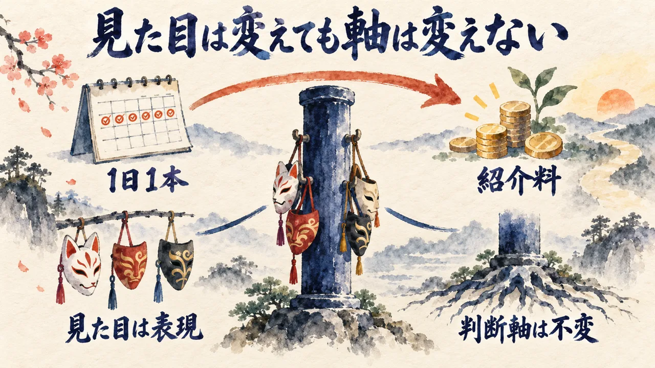 1日1本と紹介料の流れの中心に、お面を掛け替えても動かない柱を置き、見た目は表現・判断軸は不変と示した図解