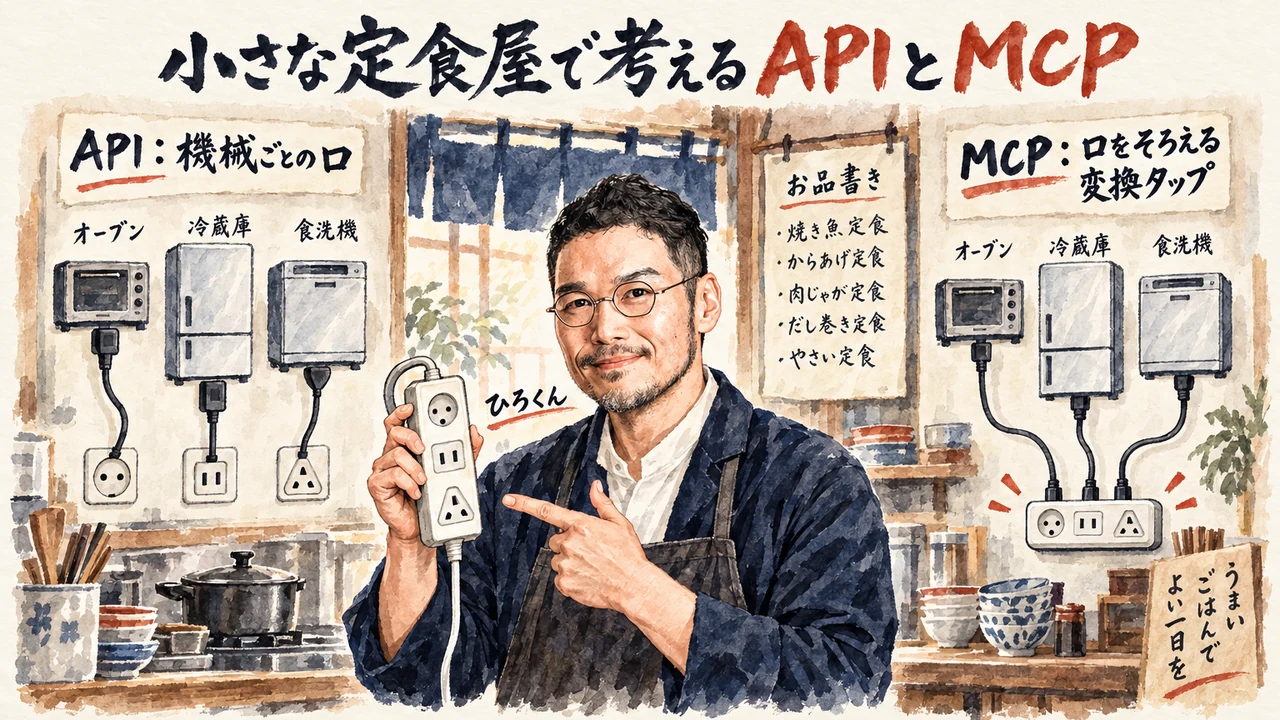 小さな定食屋の厨房で、ひろくんが変換タップを持ち、機械ごとに口が違うAPIと、口をそろえるMCPの違いを説明するコラム図解